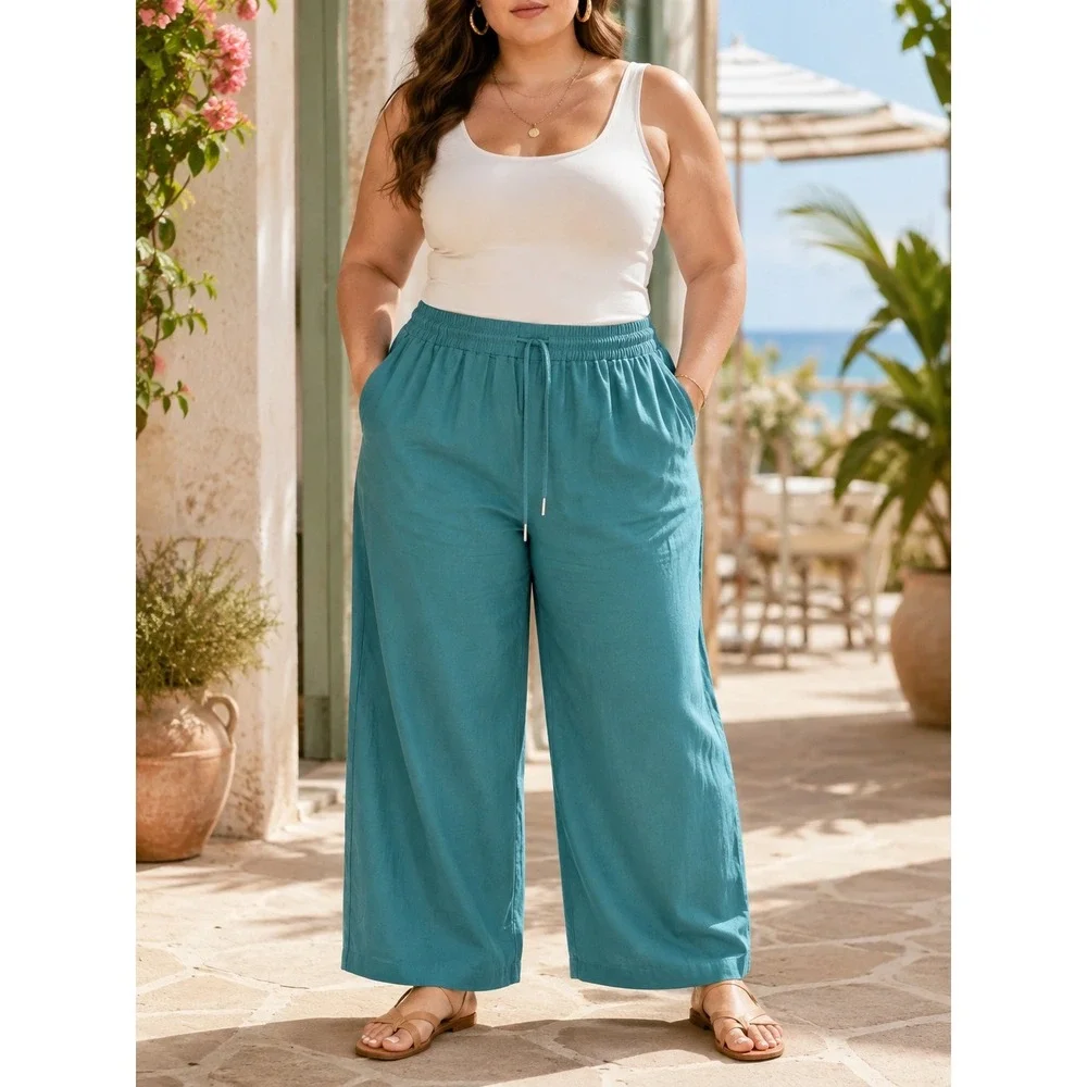 Quince 100% European Linen Wide Leg Blue Drawstring Pants Women XL